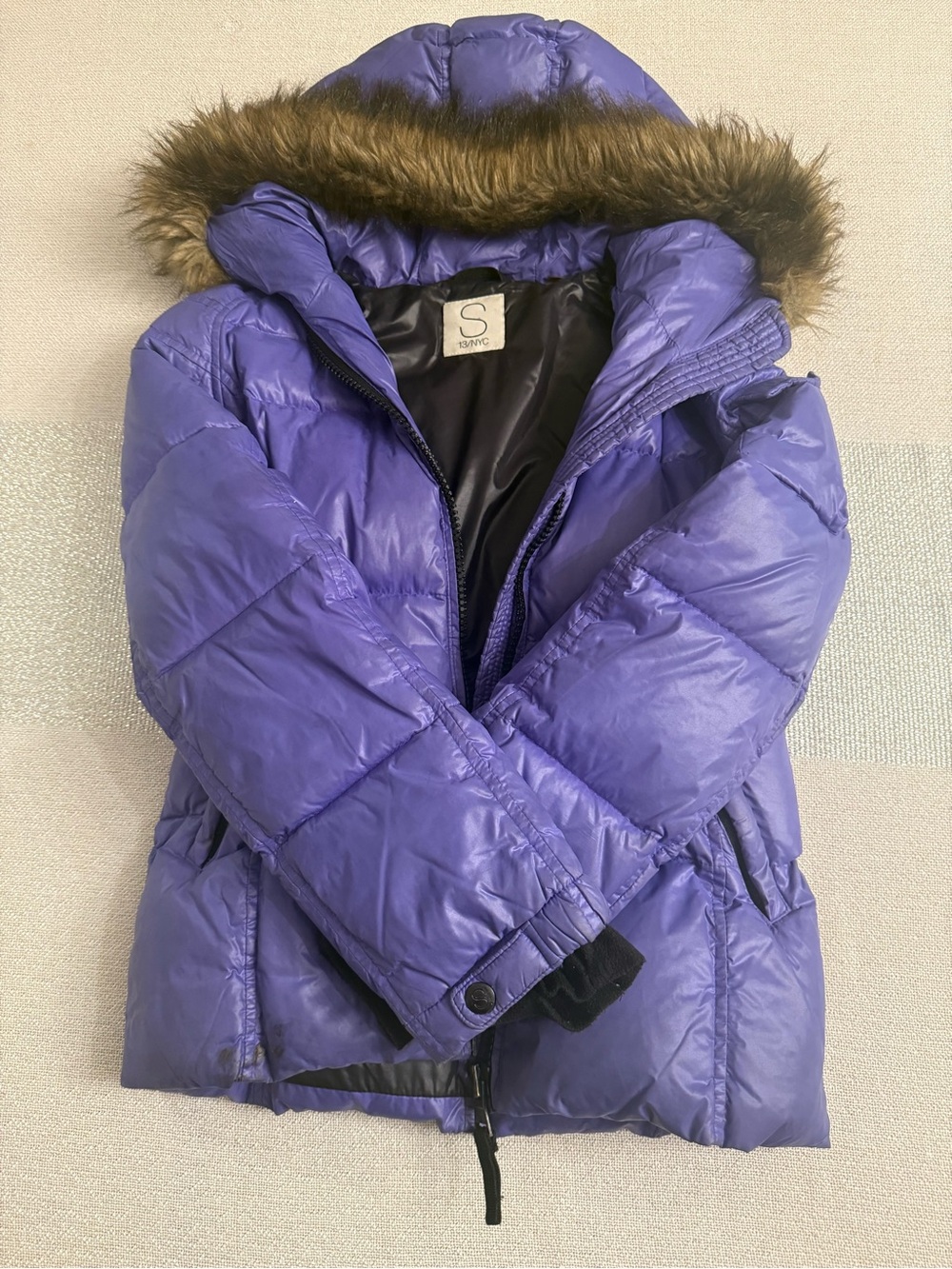 Kids Violet Hooded Puffer Coat with Faux Fur Trim